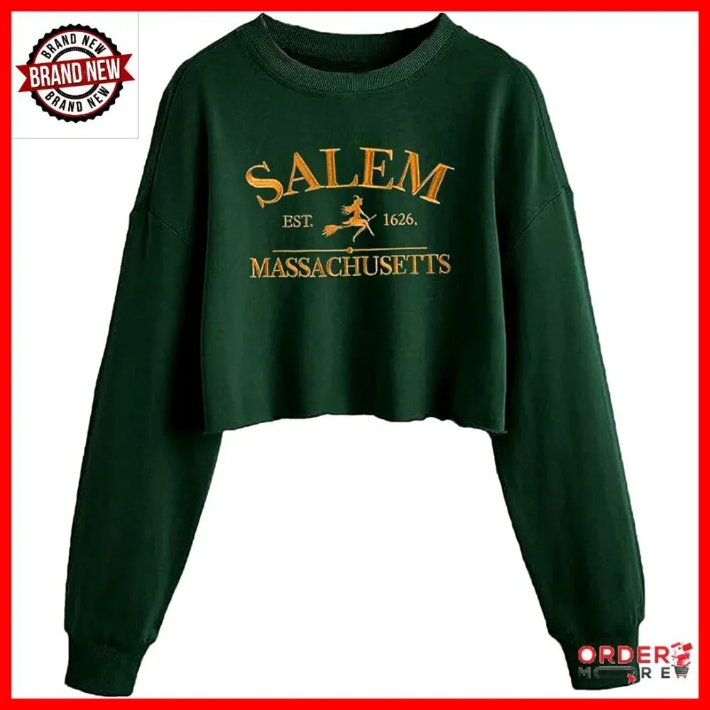 Witch Crop Sweatshirt Halloween Graphic Lantern Long Sleeve Pullover - Picture 1 of 3
